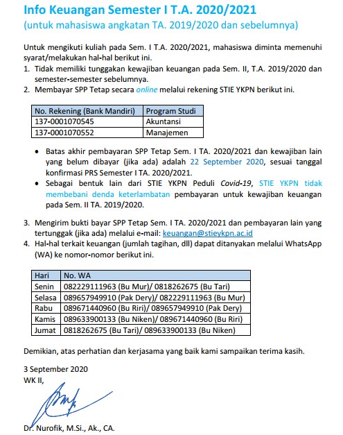 Informasi Keuangan Semester Ganjil  TA 2020/2021