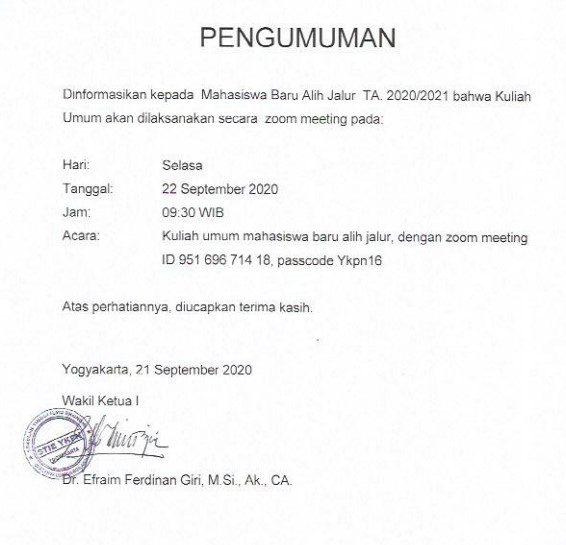 Kuliah Umum Mahasiswa Baru Alih Jalur TA 20201/20202