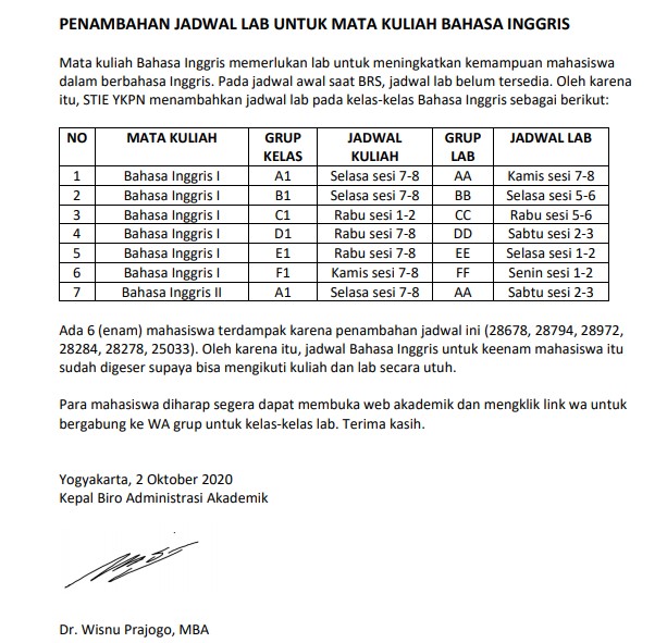 Penambahan Jadwal Lab Matakuliah Bahasa Inggris