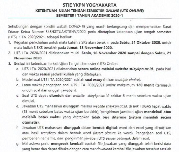 Ketentuan Ujian Tengah Semester Ganjil  TA 2020/2021