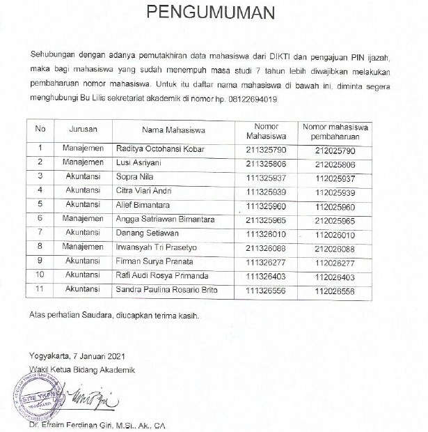 Informasi Sehubungan Dengan Pemutakhiran Data Mahasiswa Dari DIKTI