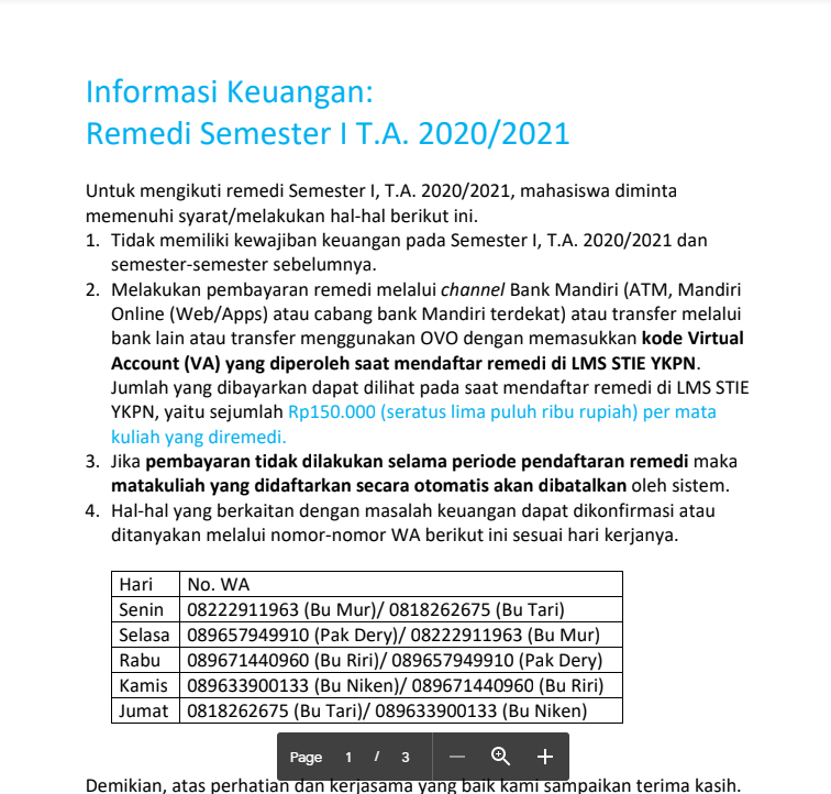 Informasi Keuangan : Remedi Semester I T.A. 2020/2021
