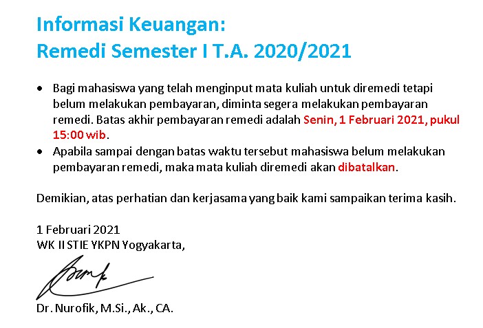 Informasi Keuangan Remedi Semester I TA 2020/2021