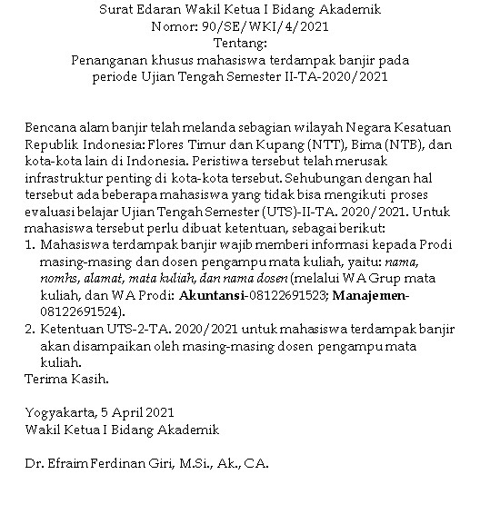 Surat Edaran Wakil Ketua I Bidang Akademik - Penanganan khusus mahasiswa terdampak banjir pada  periode Ujian Tengah Semester II-TA-2020/2021