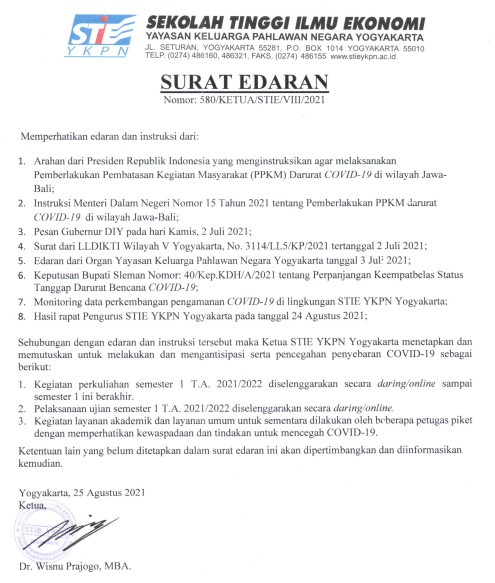 Surat Edaran Kuliah Online Sem I TA 2021/2022