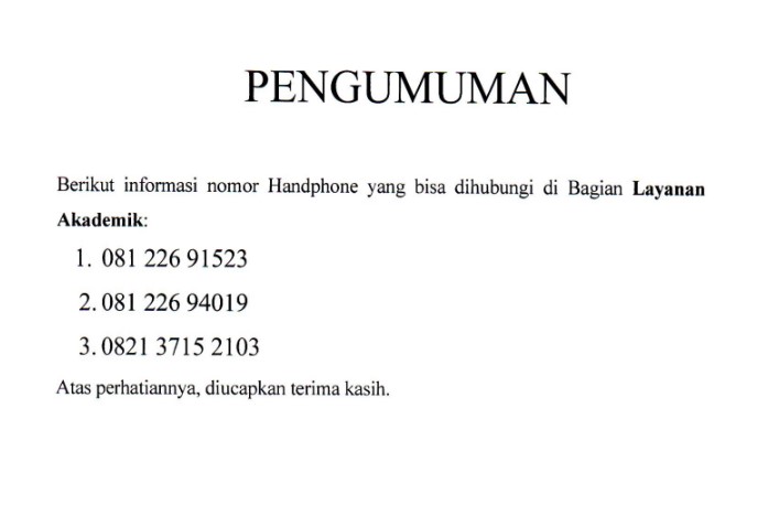 Informasi No Handphone Layanan Akademik