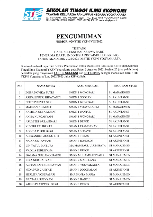 Pengumuman Penerima KIP Kuliah STIE YKPN 2022