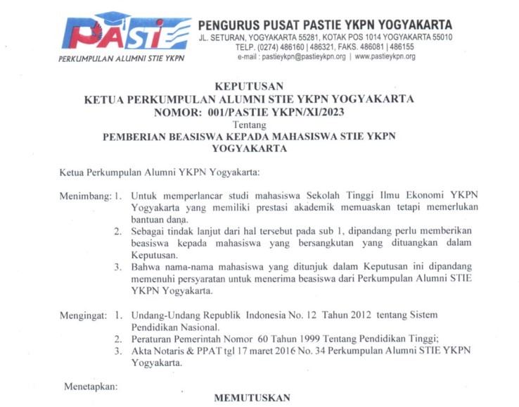 Beasiswa PASTIE dan STIE YKPN