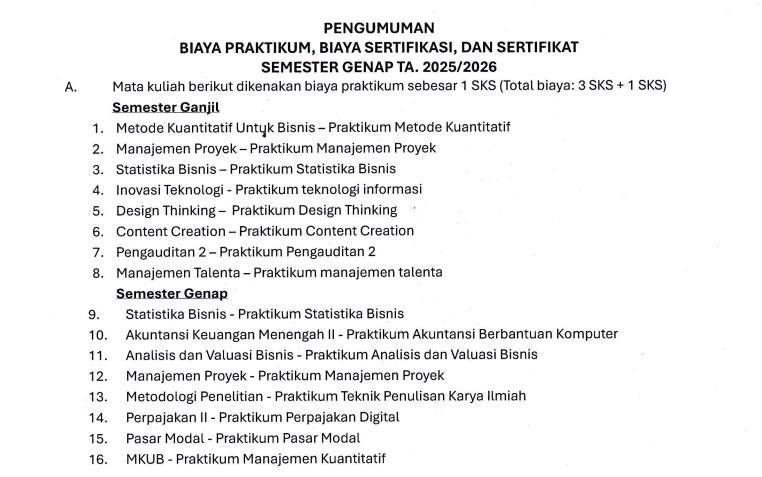 PENGUMUMAN BIAYA PRAKTIKUM, BIAYA SERTIFIKASI, DAN SERTIFIKAT SEM GENAP TA 2025 / 2026
