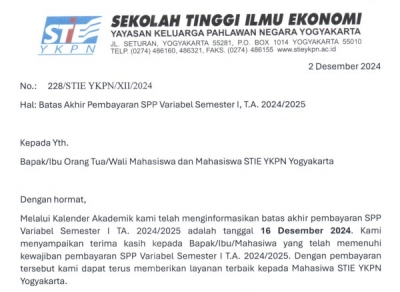 Batas Akhir Pembayaran SPP Variabel Semester l TA 2024/2025