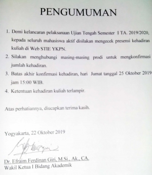 Pelaksanaan Ujian Tengah Semester I TA 2019/2020