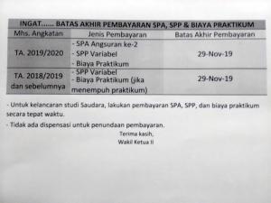 Batas Akhir Pembayaran SPA, SPP dan Biaya Praktikum