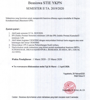 Pendaftaran Beasiswa STIE YKPN Sem II TA. 2019/2020