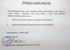 PENGAMBILAN IJAZAH DAN TRANSKRIP PADA HARI SENIN 13 APRIL 2020 