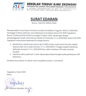 Subsidi kuliah online / daring bagi mahasiswa STIE YKPN