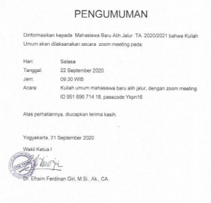 Kuliah Umum Mahasiswa Baru Alih Jalur TA 20201/20202