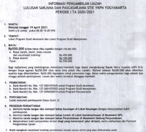 Informasi Pengambilan Ijazah Dan Ketentuan Biaya Lulusan Sarjana Pasacasarjana Periode I TA 2020/2021