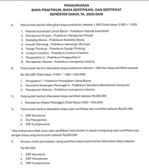 PENGUMUMAN BIAYA PRAKTIKUM, BIAYA SERTIFIKASI, DAN SERTIFIKAT SEM GANJIL TA 2025 / 2026